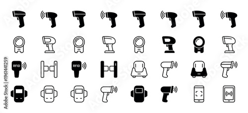 Barcode scanner and RFID reader icon set with various device designs for logistics and retail, featuring both solid glyph and thin line art styles for user interface elements