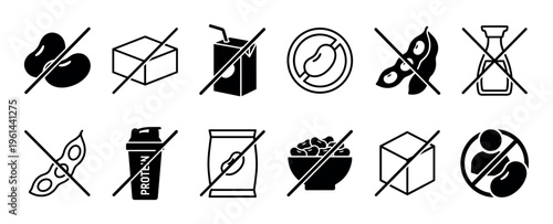 Soy free black and white icon set showing food allergen symbols for dietary restrictions, including crossed out soybeans, tofu, milk, sauce, and protein for product packaging