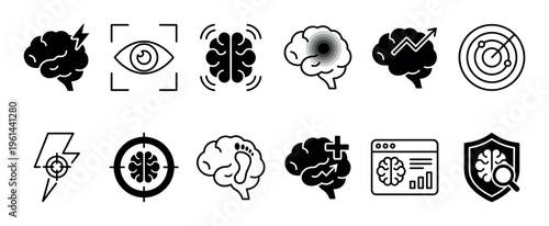 Set of twelve black glyph icons representing brain activity, intelligence, and cognitive functions like brainstorming, analysis, focus, and creative thinking in a minimalist vector style