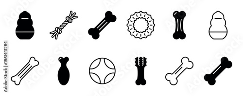 Dog chew toy icon set with various designs including rubber bones, a knotted rope, a treat dispenser, and a ball, illustrated in simple black glyph and outline vector styles