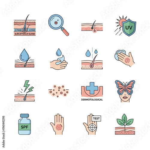 Dermatology and Skin Care Icons Set for Medical and Health Concepts.
