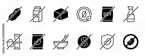 Soy-free product label icon set featuring minimalist glyphs of crossed-out soybeans, milk, tofu, and sauce for allergen-free packaging and dietary information