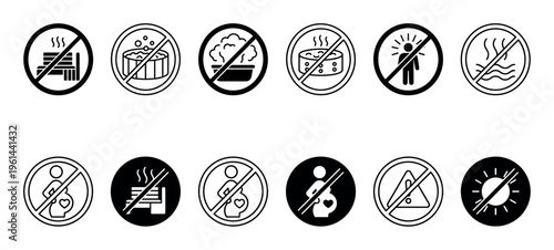 Black and white prohibition sign collection showing safety rules and health warnings for spa, sauna, and jacuzzi areas, featuring minimalist pictograms for various restrictions