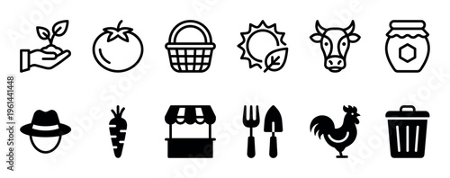 Collection of black glyph icons for farming and local market themes, featuring a cow, rooster, tomato, carrot, honey jar, and gardening tools in a simple, modern vector style