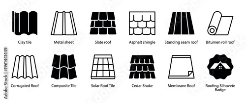 Roofing material types icon set showing various construction materials like clay tile, metal sheet, slate, and asphalt shingle in a minimalist black and white vector illustration