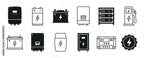 Set of black power supply icons showing batteries, inverters, server racks, and an EV charging station in a minimalist glyph and line art style for energy concepts