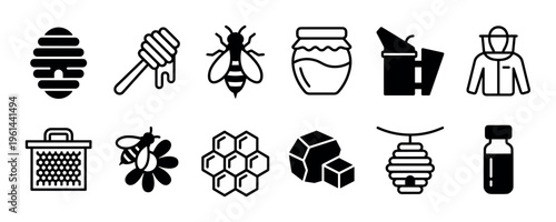 Set of black beekeeping and honey icons showing a beehive, dipper, bee, jar, smoker, and beekeeper suit in a minimalist line art and silhouette graphic style for apiculture