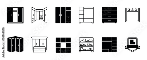 Collection of black furniture icons representing wardrobes, closets, dressers, and storage solutions in a minimalist glyph and line art style for interior design
