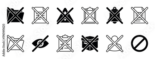 Set of black and white prohibition icons showing crossed out folders, documents, and users for concepts like delete, cancel, unavailable, or restricted access in a minimal glyph style