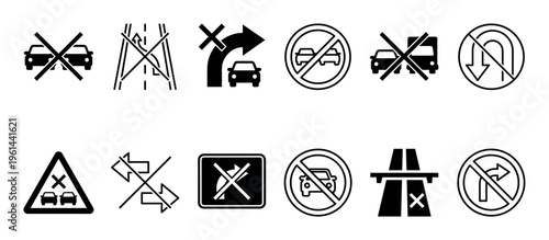 Collection of black traffic sign icons representing various road regulations and driving prohibitions like no overtaking, no U-turn, and motorway end in a minimalist vector style