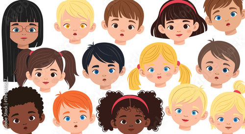 Diverse group of cartoon children faces with different hair colors and skin tones