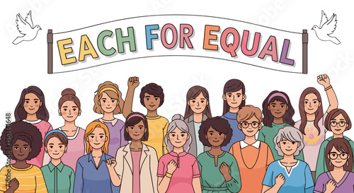 Diverse women stand together for equality empowerment and solidarity with raised