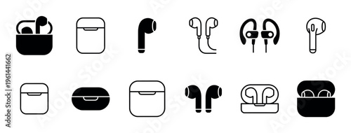 Set of black wireless earbud icons featuring various designs of in-ear headphones, charging cases, and earphones presented in minimalist solid and line art vector styles