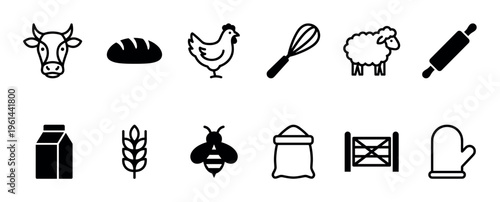 Simple black icon set for farming and baking concepts, featuring a cow, sheep, chicken, bread, milk, wheat, bee, and various kitchen utensils in a clean minimalist style