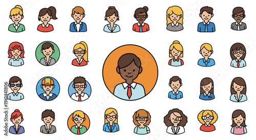 Diverse collection of cartoon business people icons representing teamwork