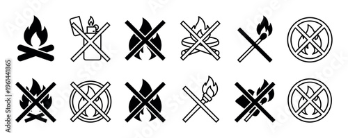 Collection of black fire prohibition icons showing no campfire, no open flame, and no bonfire signs for safety and warning regulations in a simple minimalist vector style