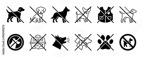 Set of black prohibition icons showing no dogs allowed, featuring various breeds, puppies, barking, and pet carriers in a simple, crossed-out vector graphic style for public signs
