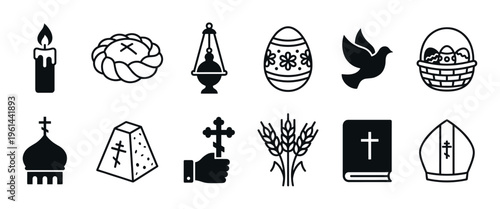 Set of black Orthodox Easter icons featuring a candle, bread, decorated egg, dove, basket, church dome, cross, bible, and wheat in a minimalist silhouette and line art style