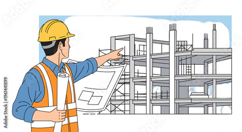 Construction worker in hard hat and vest pointing at building blueprint