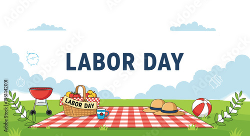 Labor day picnic celebration with barbecue grill picnic basket and festive