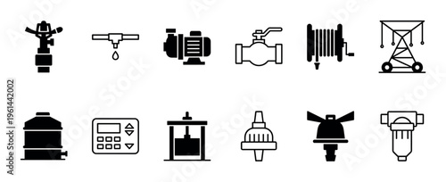 Set of black irrigation system icons featuring various agricultural and garden watering equipment in a minimalist glyph and line art style, including a sprinkler, pump, valve, and filter