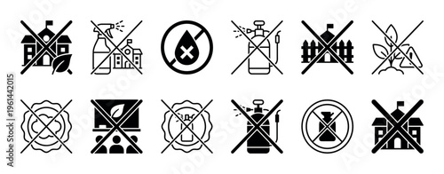 Set of black glyph icons depicting prohibitions for pesticide-free zones, including no spraying chemicals near schools, no herbicides, and other agricultural restrictions