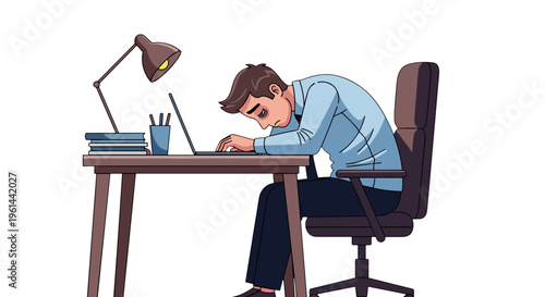 Exhausted businessman slumped over desk with laptop working late under desk lamp