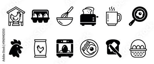 Black and white icon set featuring breakfast food and farm elements like a chicken coop, egg carton, toaster, fried egg, bacon, rooster, and incubator in a simple glyph style