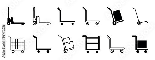 Warehouse and logistics equipment icon set featuring black pictograms of pallet jacks, dollies, hand trucks, and various carts for moving cargo and goods