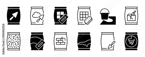 Set of black construction material icons showing plaster, cement, grout, and building tools for renovation and repair projects, presented in a clean linear and glyph style collection