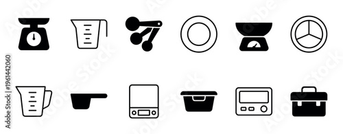 Collection of black minimalist kitchen icons for measuring and cooking, including scales, cups, and spoons in a simple glyph style for web and print design