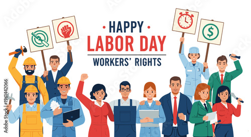 Diverse workers celebrating labor day with signs advocating for workers' rights