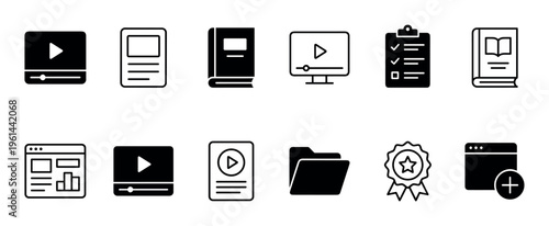 Set of black e-learning icons for online courses and digital education, featuring symbols for video, books, documents, and achievement in a clean minimalist vector style