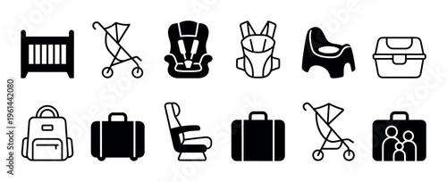 Collection of black and white icons for baby and travel essentials, including a crib, stroller, car seat, and luggage, representing family vacation and childcare concepts