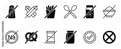 Black and white food allergen icon set showing dietary restrictions like sodium free, no sugar, and preservative free in a minimalist glyph style for healthy eating concepts