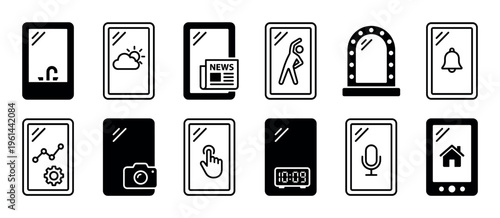 Twelve minimalist smart device interface icons are arranged in a grid, showcasing various digital functions and applications in a clean, modern graphic style