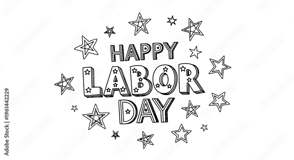 Fototapeta premium Happy labor day hand drawn lettering with stars and sparkles on white background