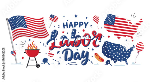Happy labor day celebration with usa flags grilling maps and festive elements