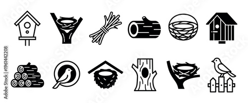Set of twelve black bird-themed glyph icons depicting various nests, birdhouses, logs, twigs, trees, and a small bird on a fence in a simple minimalist style