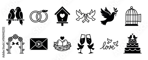Collection of black wedding and love icons showing lovebirds, rings, a cake, champagne glasses, a dove with an olive branch, a floral arch, and a nest with eggs