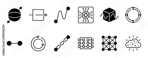 Collection of various abstract technology and data icons in a clean, minimalist black and white style, representing concepts like processing, networking, and cloud computing