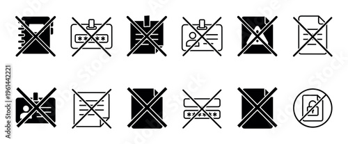 Black security and prohibition icon collection with crossed-out symbols for no ID, invalid password, restricted access, and unavailable document concepts