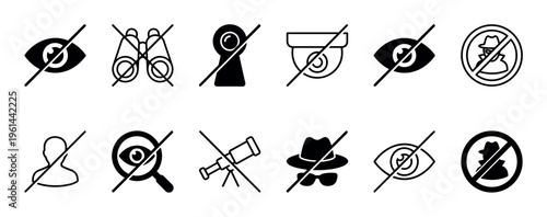 Set of black anti-surveillance icons representing privacy, security, and confidentiality, featuring crossed-out symbols like an eye, camera, spy, and binoculars in a minimalist style