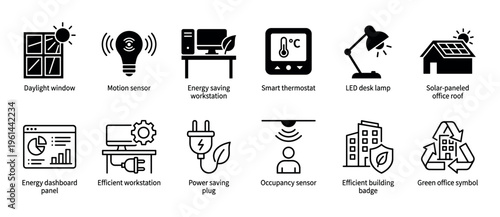 Collection of black glyph icons for energy saving and green office concepts, including smart thermostat, solar panel, and motion sensor symbols for sustainable building design