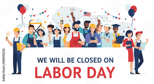 Diverse group of workers celebrating labor day holiday with festive decorations