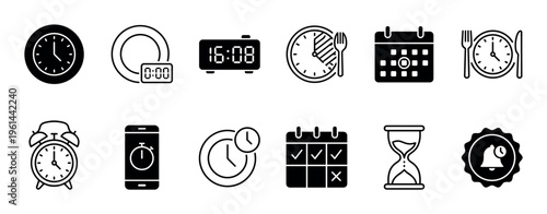 Set of black time management icons with a clock, calendar, alarm, and hourglass, illustrating concepts of scheduling, productivity, and deadlines in a minimalist glyph and line art style