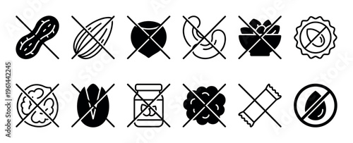 Allergen free food icons set with crossed out nuts, peanuts, almonds, and oil symbols for dietary restriction labeling and packaging, presented in a minimalist black line art style