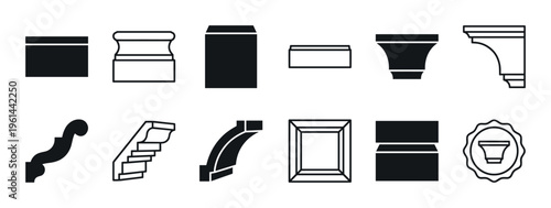 Set of black architectural molding profile icons showing various shapes for cornices, baseboards, and trim in a minimalist silhouette and line art graphic vector illustration style