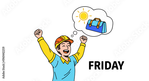 Excited worker celebrates friday anticipating weekend getaway with briefcase
