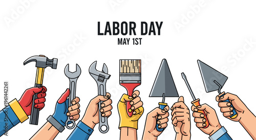 Diverse hands holding labor day tools celebrating workers' rights and may 1st